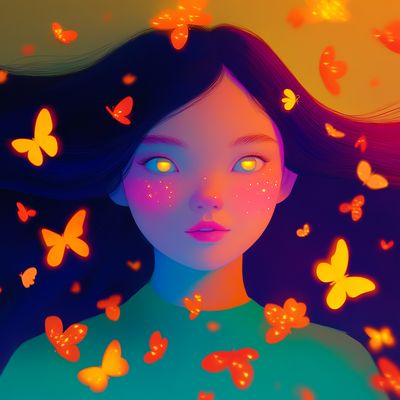 A person with luminous eyes and flowing hair immersed in glowing butterflies and flower petals, half in shadow and half in golden light, with an expression of wonder