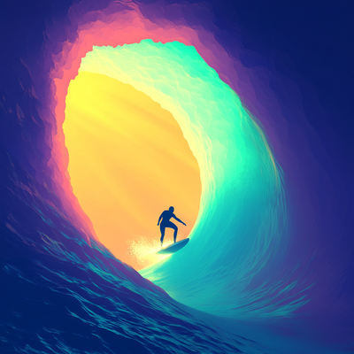 A surfer riding an enormous wave, suspended in perfect balance as the massive curl of water forms a tunnel around them, with ocean spray catching sunlight