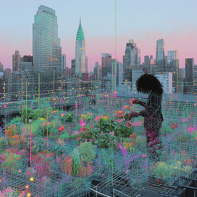 A person with curly hair tending to a lush rooftop garden in a dense cityscape, surrounded by vegetables, flowers, and string lights, with skyscrapers in the background catching sunset light