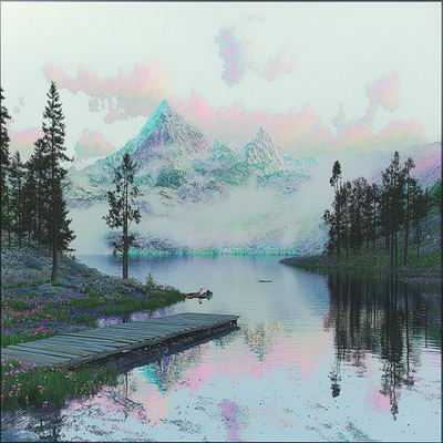A mountain lake perfectly reflecting snow-capped peaks and clouds, surrounded by pine trees and wildflowers, with morning mist rising from the mirror-like surface and a small wooden dock with a canoe