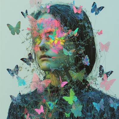 A person with luminous eyes and flowing hair immersed in glowing butterflies and flower petals, half in shadow and half in golden light, with an expression of wonder