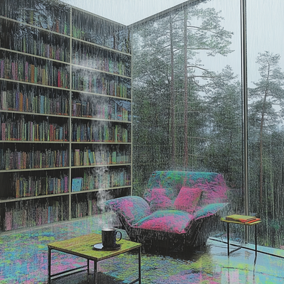 A reading nook by a bay window during a rainstorm, with bookshelves, a plush armchair, scattered pillows, a steaming mug on a small table, and raindrops trailing down the glass