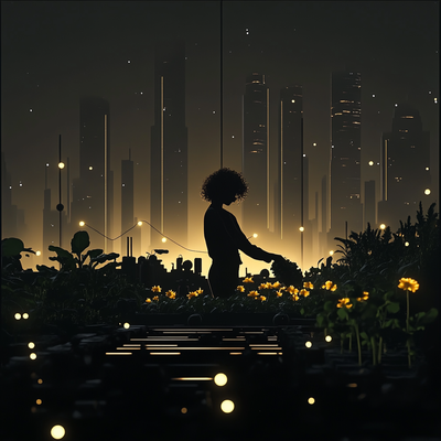 A person with curly hair tending to a lush rooftop garden in a dense cityscape, surrounded by vegetables, flowers, and string lights, with skyscrapers in the background catching sunset light