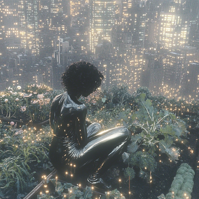 A person with curly hair tending to a lush rooftop garden in a dense cityscape, surrounded by vegetables, flowers, and string lights, with skyscrapers in the background catching sunset light