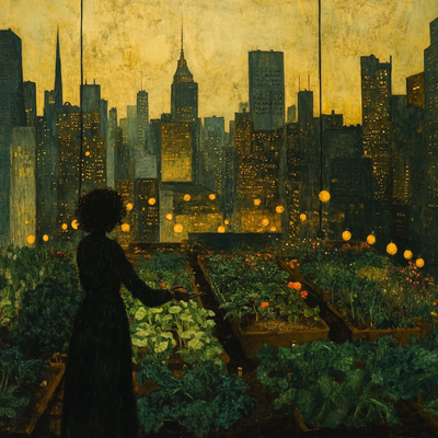 A person with curly hair tending to a lush rooftop garden in a dense cityscape, surrounded by vegetables, flowers, and string lights, with skyscrapers in the background catching sunset light