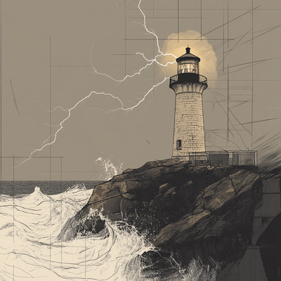 A lighthouse on a rocky coast during a powerful storm, waves crashing against cliffs, lightning illuminating dark clouds above the turbulent ocean