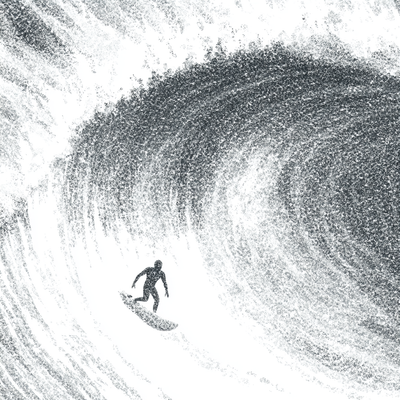 A surfer riding an enormous wave, suspended in perfect balance as the massive curl of water forms a tunnel around them, with ocean spray catching sunlight