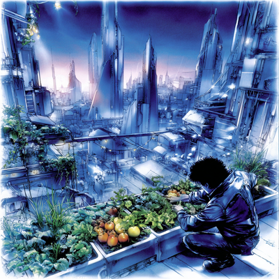 A person with curly hair tending to a lush rooftop garden in a dense cityscape, surrounded by vegetables, flowers, and string lights, with skyscrapers in the background catching sunset light
