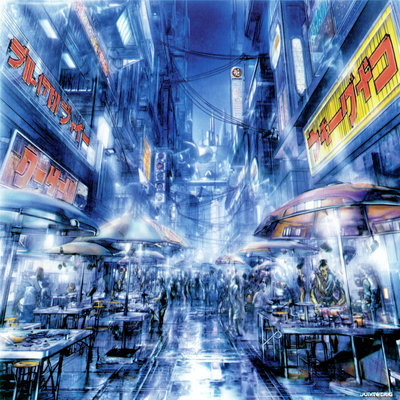 A rain-soaked night market alley lined with food stalls, their steam mixing with mist, illuminated by colorful shop signs reflecting in puddles, crowded with diverse people