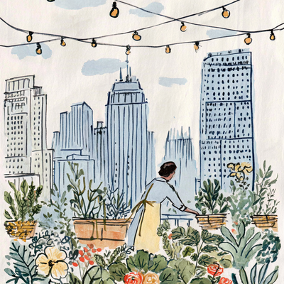 A person with curly hair tending to a lush rooftop garden in a dense cityscape, surrounded by vegetables, flowers, and string lights, with skyscrapers in the background catching sunset light