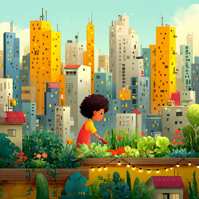 A person with curly hair tending to a lush rooftop garden in a dense cityscape, surrounded by vegetables, flowers, and string lights, with skyscrapers in the background catching sunset light