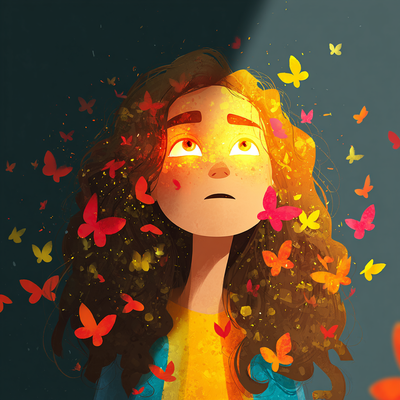 A person with luminous eyes and flowing hair immersed in glowing butterflies and flower petals, half in shadow and half in golden light, with an expression of wonder