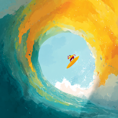 A surfer riding an enormous wave, suspended in perfect balance as the massive curl of water forms a tunnel around them, with ocean spray catching sunlight