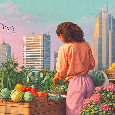 A person with curly hair tending to a lush rooftop garden in a dense cityscape, surrounded by vegetables, flowers, and string lights, with skyscrapers in the background catching sunset light