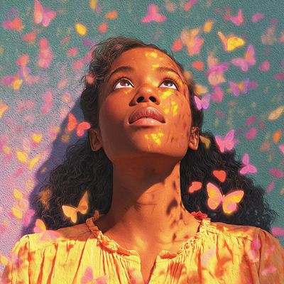 A person with luminous eyes and flowing hair immersed in glowing butterflies and flower petals, half in shadow and half in golden light, with an expression of wonder