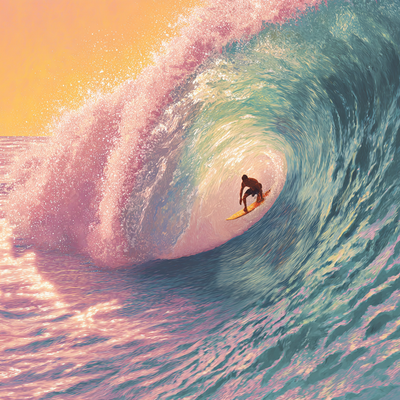 A surfer riding an enormous wave, suspended in perfect balance as the massive curl of water forms a tunnel around them, with ocean spray catching sunlight