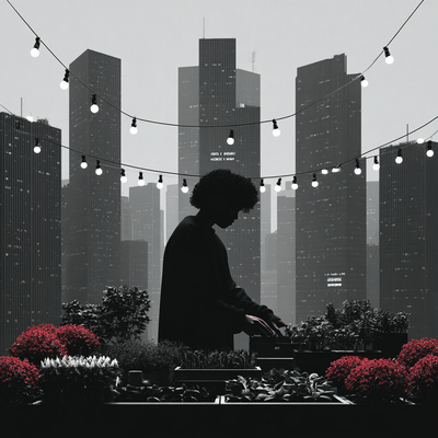 A person with curly hair tending to a lush rooftop garden in a dense cityscape, surrounded by vegetables, flowers, and string lights, with skyscrapers in the background catching sunset light