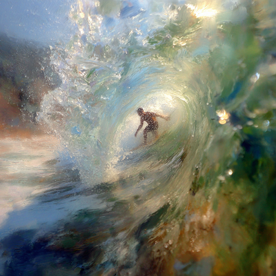 A surfer riding an enormous wave, suspended in perfect balance as the massive curl of water forms a tunnel around them, with ocean spray catching sunlight