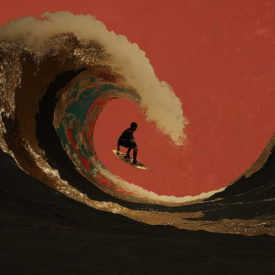 A surfer riding an enormous wave, suspended in perfect balance as the massive curl of water forms a tunnel around them, with ocean spray catching sunlight