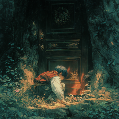 A child discovering a small hidden door built into an ancient oak tree, with ornate hinges and a tiny brass doorknob, surrounded by moss, mushrooms, and ferns in a sunlight-dappled forest