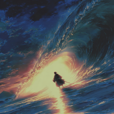 A surfer riding an enormous wave, suspended in perfect balance as the massive curl of water forms a tunnel around them, with ocean spray catching sunlight