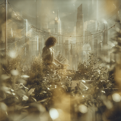 A person with curly hair tending to a lush rooftop garden in a dense cityscape, surrounded by vegetables, flowers, and string lights, with skyscrapers in the background catching sunset light