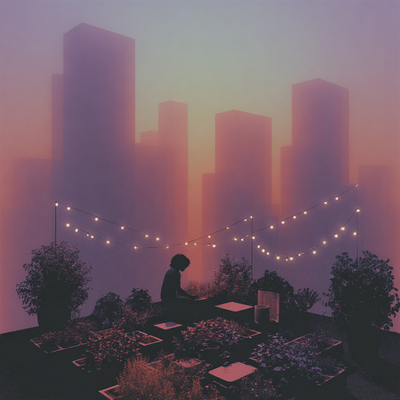A person with curly hair tending to a lush rooftop garden in a dense cityscape, surrounded by vegetables, flowers, and string lights, with skyscrapers in the background catching sunset light