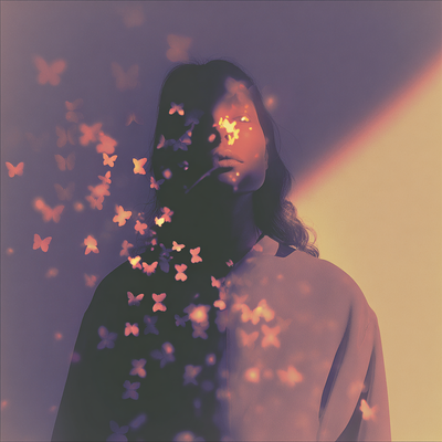 A person with luminous eyes and flowing hair immersed in glowing butterflies and flower petals, half in shadow and half in golden light, with an expression of wonder