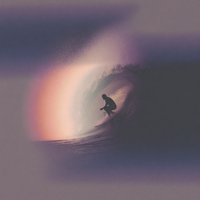 A surfer riding an enormous wave, suspended in perfect balance as the massive curl of water forms a tunnel around them, with ocean spray catching sunlight