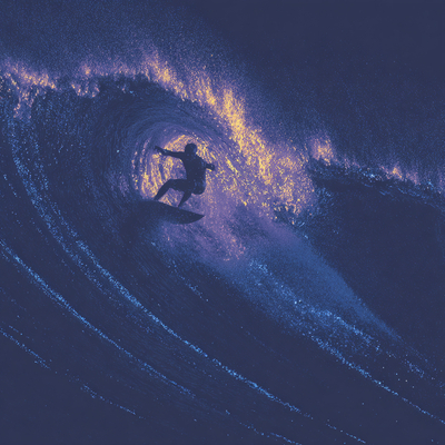 A surfer riding an enormous wave, suspended in perfect balance as the massive curl of water forms a tunnel around them, with ocean spray catching sunlight