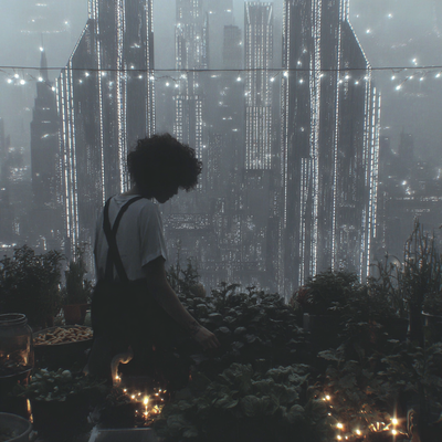 A person with curly hair tending to a lush rooftop garden in a dense cityscape, surrounded by vegetables, flowers, and string lights, with skyscrapers in the background catching sunset light