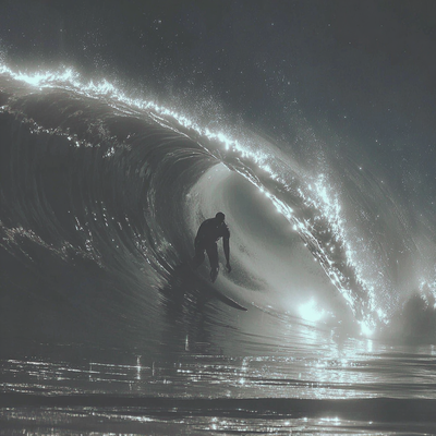 A surfer riding an enormous wave, suspended in perfect balance as the massive curl of water forms a tunnel around them, with ocean spray catching sunlight