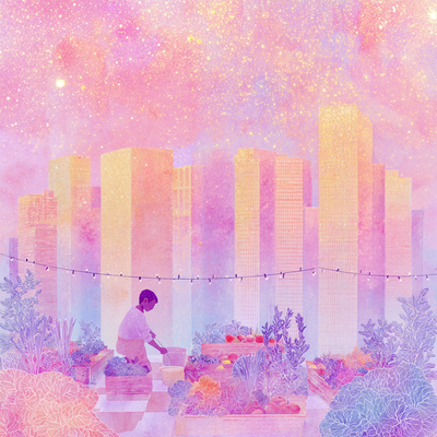 A person with curly hair tending to a lush rooftop garden in a dense cityscape, surrounded by vegetables, flowers, and string lights, with skyscrapers in the background catching sunset light