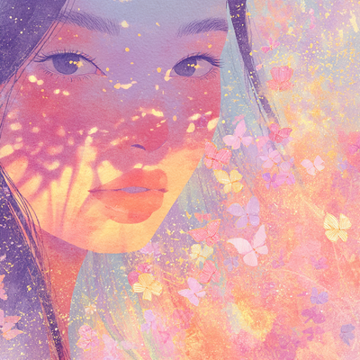A person with luminous eyes and flowing hair immersed in glowing butterflies and flower petals, half in shadow and half in golden light, with an expression of wonder