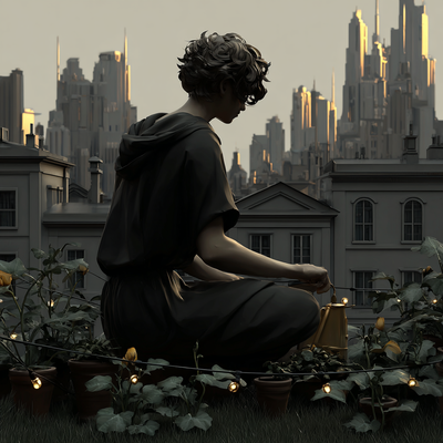 A person with curly hair tending to a lush rooftop garden in a dense cityscape, surrounded by vegetables, flowers, and string lights, with skyscrapers in the background catching sunset light