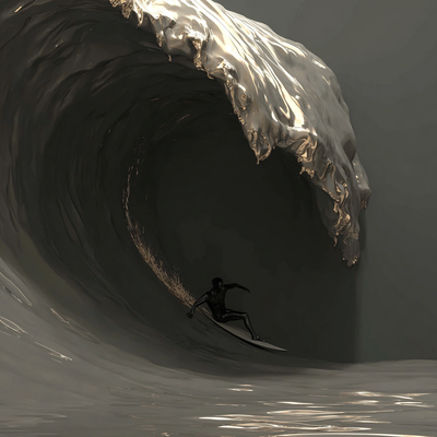 A surfer riding an enormous wave, suspended in perfect balance as the massive curl of water forms a tunnel around them, with ocean spray catching sunlight