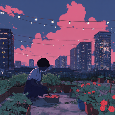 A person with curly hair tending to a lush rooftop garden in a dense cityscape, surrounded by vegetables, flowers, and string lights, with skyscrapers in the background catching sunset light