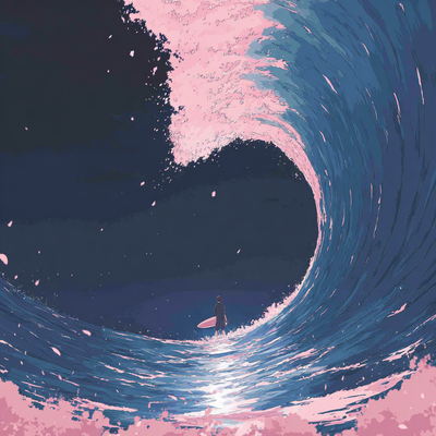 A surfer riding an enormous wave, suspended in perfect balance as the massive curl of water forms a tunnel around them, with ocean spray catching sunlight
