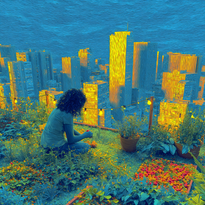 A person with curly hair tending to a lush rooftop garden in a dense cityscape, surrounded by vegetables, flowers, and string lights, with skyscrapers in the background catching sunset light