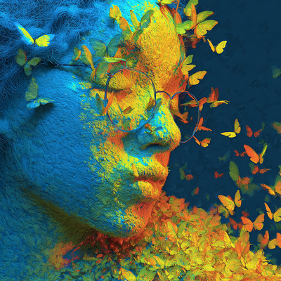 A person with luminous eyes and flowing hair immersed in glowing butterflies and flower petals, half in shadow and half in golden light, with an expression of wonder