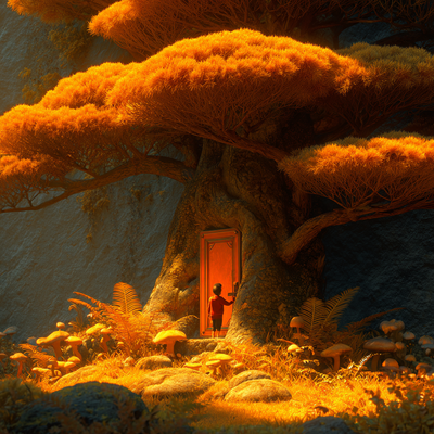 A child discovering a small hidden door built into an ancient oak tree, with ornate hinges and a tiny brass doorknob, surrounded by moss, mushrooms, and ferns in a sunlight-dappled forest
