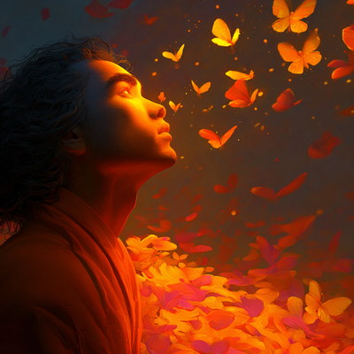 A person with luminous eyes and flowing hair immersed in glowing butterflies and flower petals, half in shadow and half in golden light, with an expression of wonder
