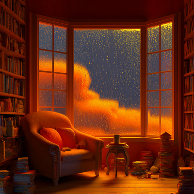A reading nook by a bay window during a rainstorm, with bookshelves, a plush armchair, scattered pillows, a steaming mug on a small table, and raindrops trailing down the glass