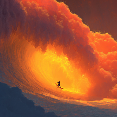A surfer riding an enormous wave, suspended in perfect balance as the massive curl of water forms a tunnel around them, with ocean spray catching sunlight