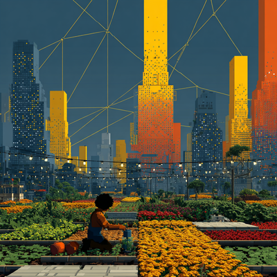 A person with curly hair tending to a lush rooftop garden in a dense cityscape, surrounded by vegetables, flowers, and string lights, with skyscrapers in the background catching sunset light