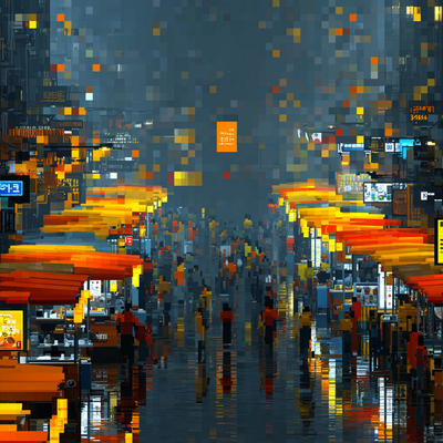 A rain-soaked night market alley lined with food stalls, their steam mixing with mist, illuminated by colorful shop signs reflecting in puddles, crowded with diverse people