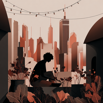 A person with curly hair tending to a lush rooftop garden in a dense cityscape, surrounded by vegetables, flowers, and string lights, with skyscrapers in the background catching sunset light