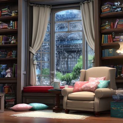 A reading nook by a bay window during a rainstorm, with bookshelves, a plush armchair, scattered pillows, a steaming mug on a small table, and raindrops trailing down the glass