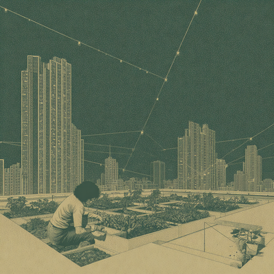 A person with curly hair tending to a lush rooftop garden in a dense cityscape, surrounded by vegetables, flowers, and string lights, with skyscrapers in the background catching sunset light