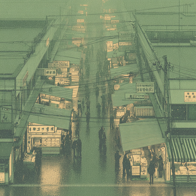 A rain-soaked night market alley lined with food stalls, their steam mixing with mist, illuminated by colorful shop signs reflecting in puddles, crowded with diverse people